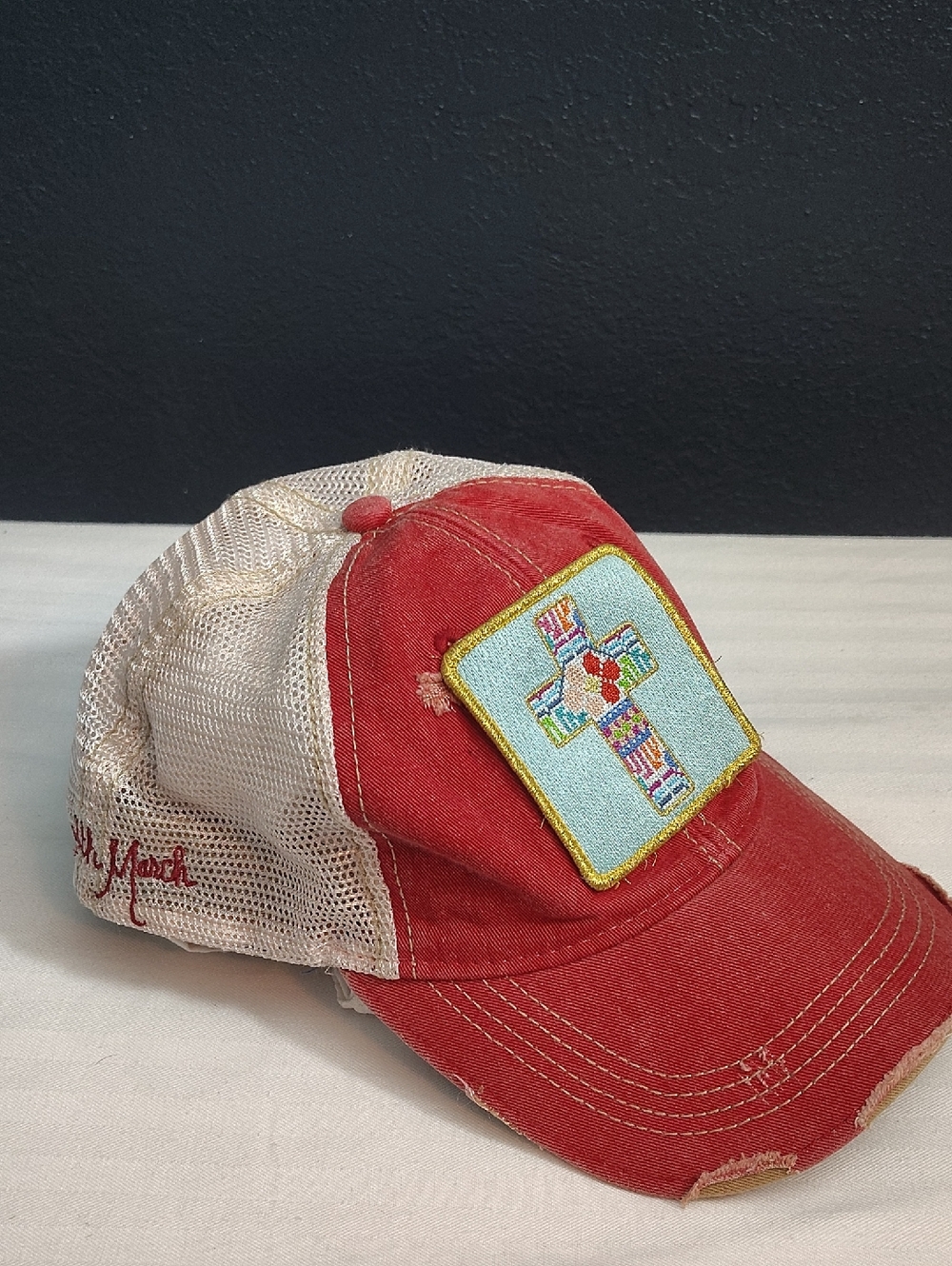 Judith March Patchwork Cross Distressed Red Trucker Hat